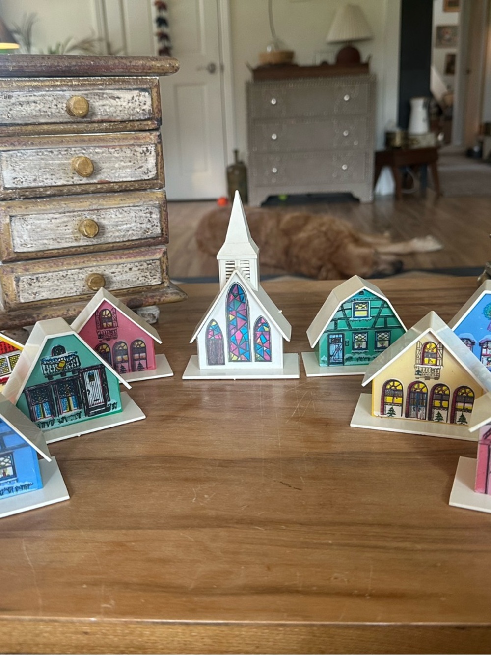 Vintage alpine village houses set of 9.  Minor condition issues as shown